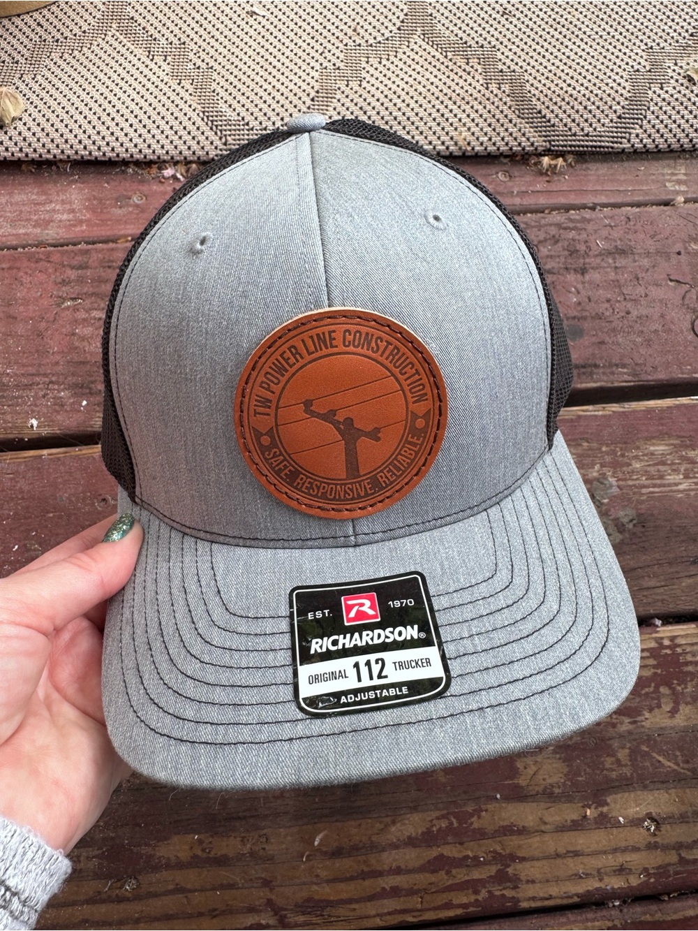 Men's Gray Trucker Cap with Brown Leather Patch New